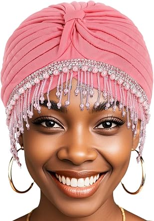 Bohend Beaded Rhinestone Turban Hat Knot Headwrap Beanie Pre Tied Pleated Headscarf Bonnet Women Tassel Head Cover Caps