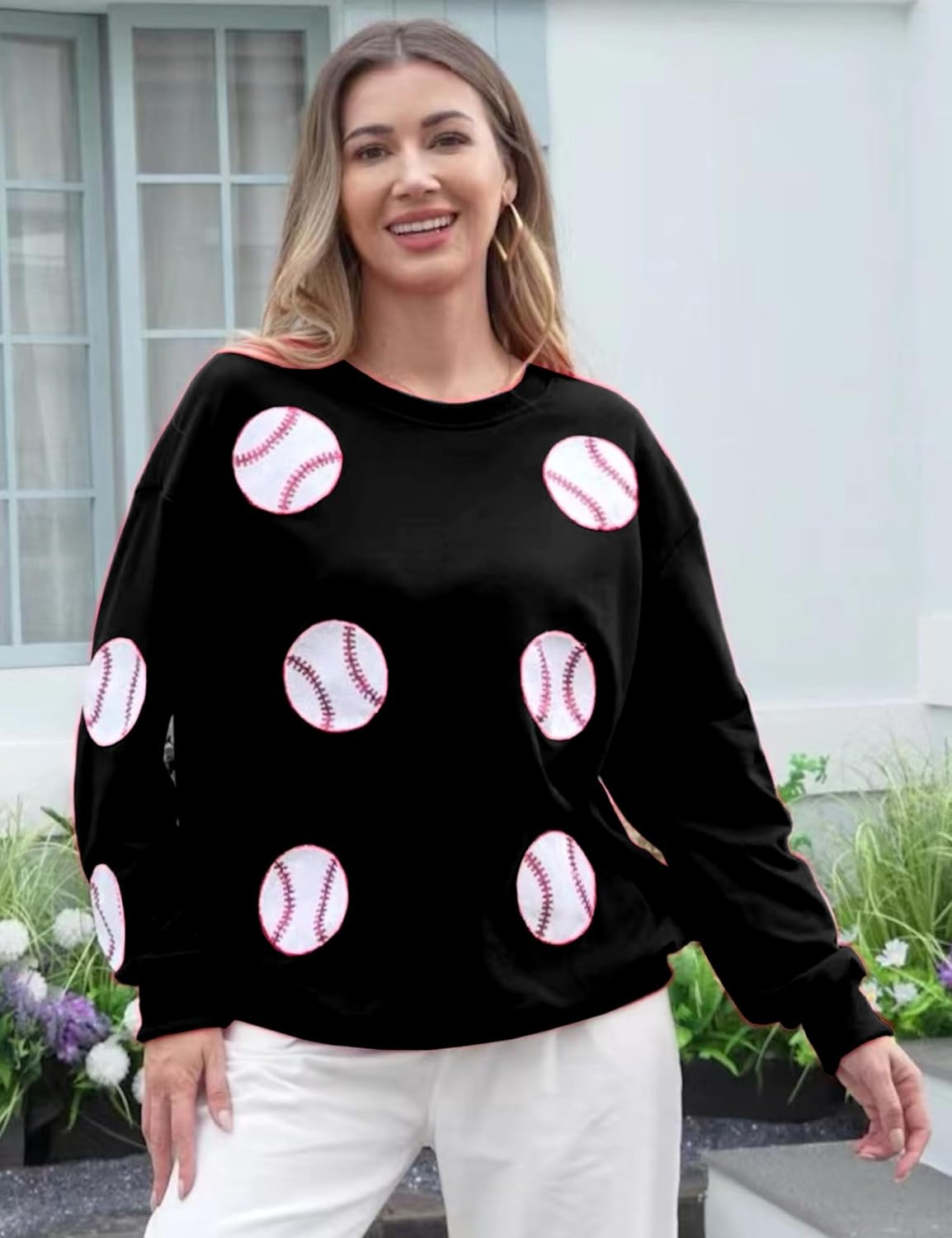 Xunger Women’s Crewneck Long Sleeve Baseball Sequin Pullover Sweatshirt Loose Fit Casual Patches Gameday Tops