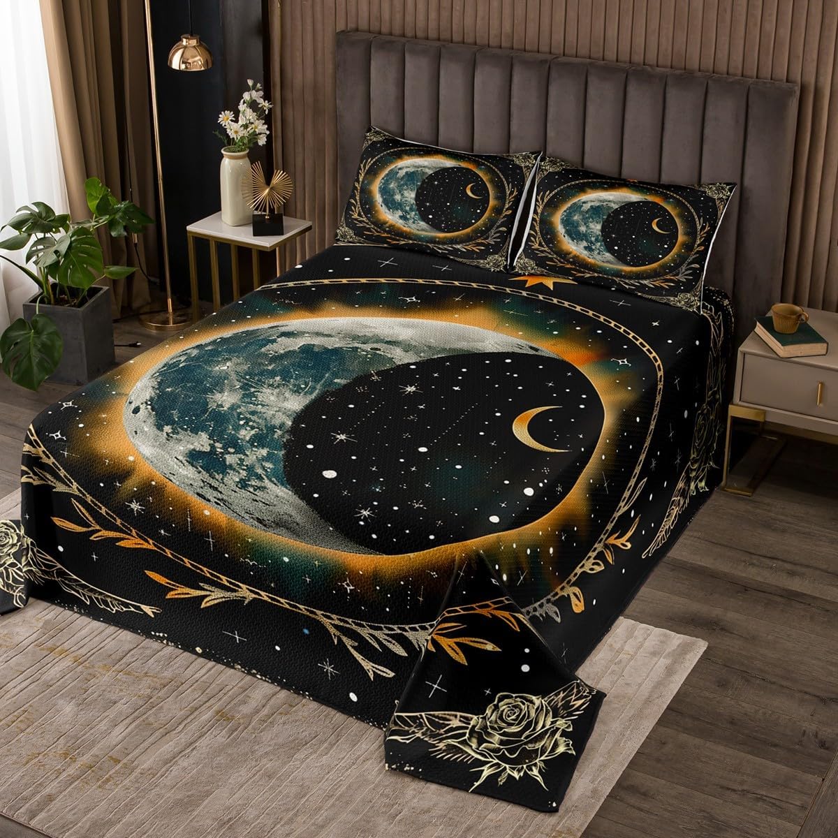 Homewish Universe Planet Bedspread King Size,Star Moon Blossom Flower Boho Quilt for Kids Boys Girls Room Decor,Outer Space Bedding Set 3Pcs,Glitter Galaxy Modern Gothic Coverlet Set,2 Pillowcases