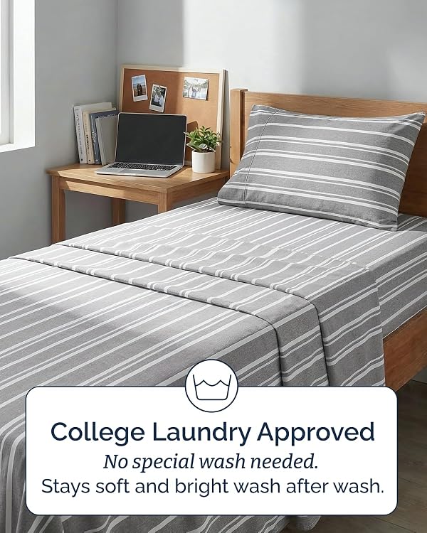 Extra Deep Twin XL Sheet Set - 3 Piece College Dorm Bed Sheets - Soft, Breathable & Cooling - Easily Fits 18 to 24 inch Mattress - Wrinkle Free & Fade Resistant w/ Extra Deep Pockets - Grey Stripes 3 by CGK Unlimited - Image 7