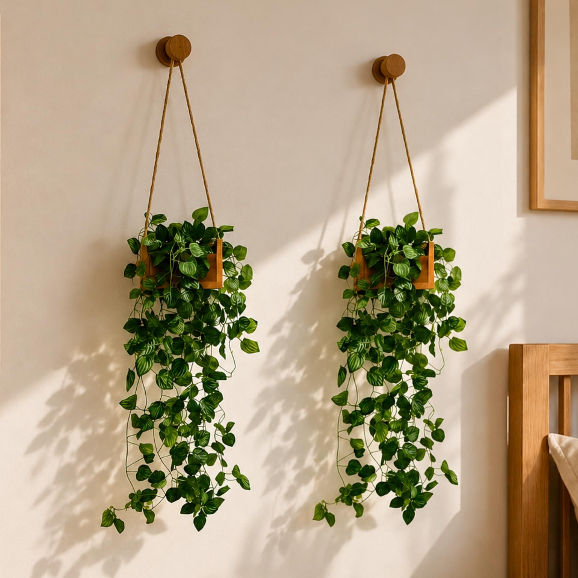 DecoreBugs Plastic Money Artificial Plant Leaves Wall Hangings For Home Decoration With Wooden Pot Pack Of 2 (Hanging Fall 60 Cm), Decorative Items For Home Living Room And Office-image-45