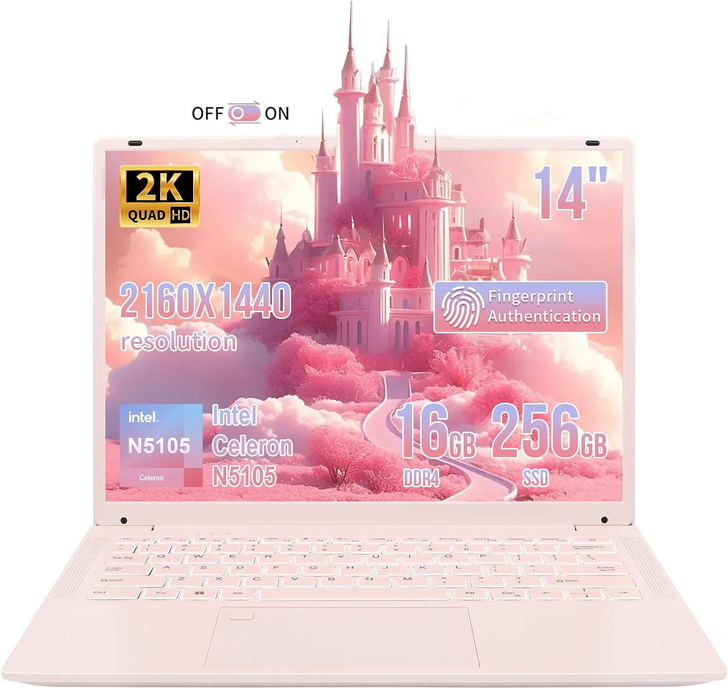 14.1 Inch Portable Laptop,Celeron N5105 Processor,16GB,(2160 x 1440) IPS,Fingerprint Unlock,Win 11,Backlit keyboard, Push-pull camera,Type-C,USB3.0*3,HDMI*1,WiFi /BT 5.0(Pink,16G+960GB SSD)