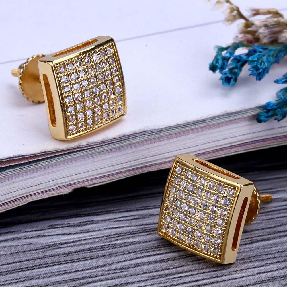 TOPGRILLZ 925 Sterling Silver Square Screw Stud Earrings 14K Gold Plated 5A+ Cubic Zirconia Iced Out Square Screw Back Hypoallergenic Cube Large Stud Earrings For Men Women