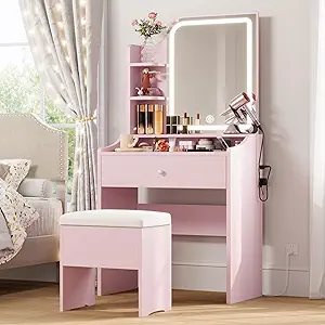 LIKIMIO Small Makeup Vanity Desk with Mirror and Lights, Vanity Table Set with Storage Drawer, Chair and Three Shelves, Bedroom, Pink
