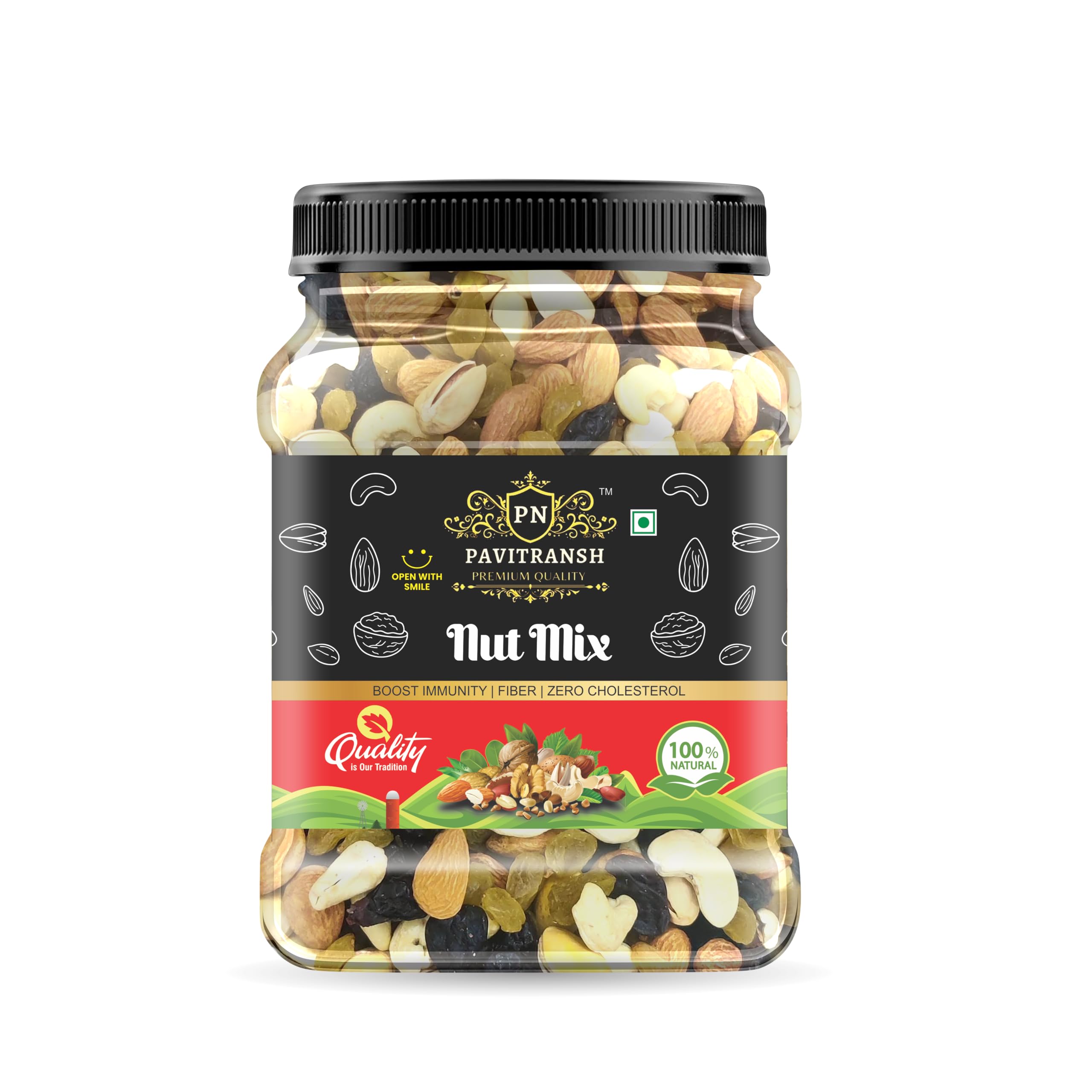 Pavitransh 100% Natural Premium Mix Dry Fruits 1kg with Almonds | Cashew | Kishmish | Apricot | Black Raisins | Dried Kiwi | Nuts and Dry Fruits 1KG (Jar pack)