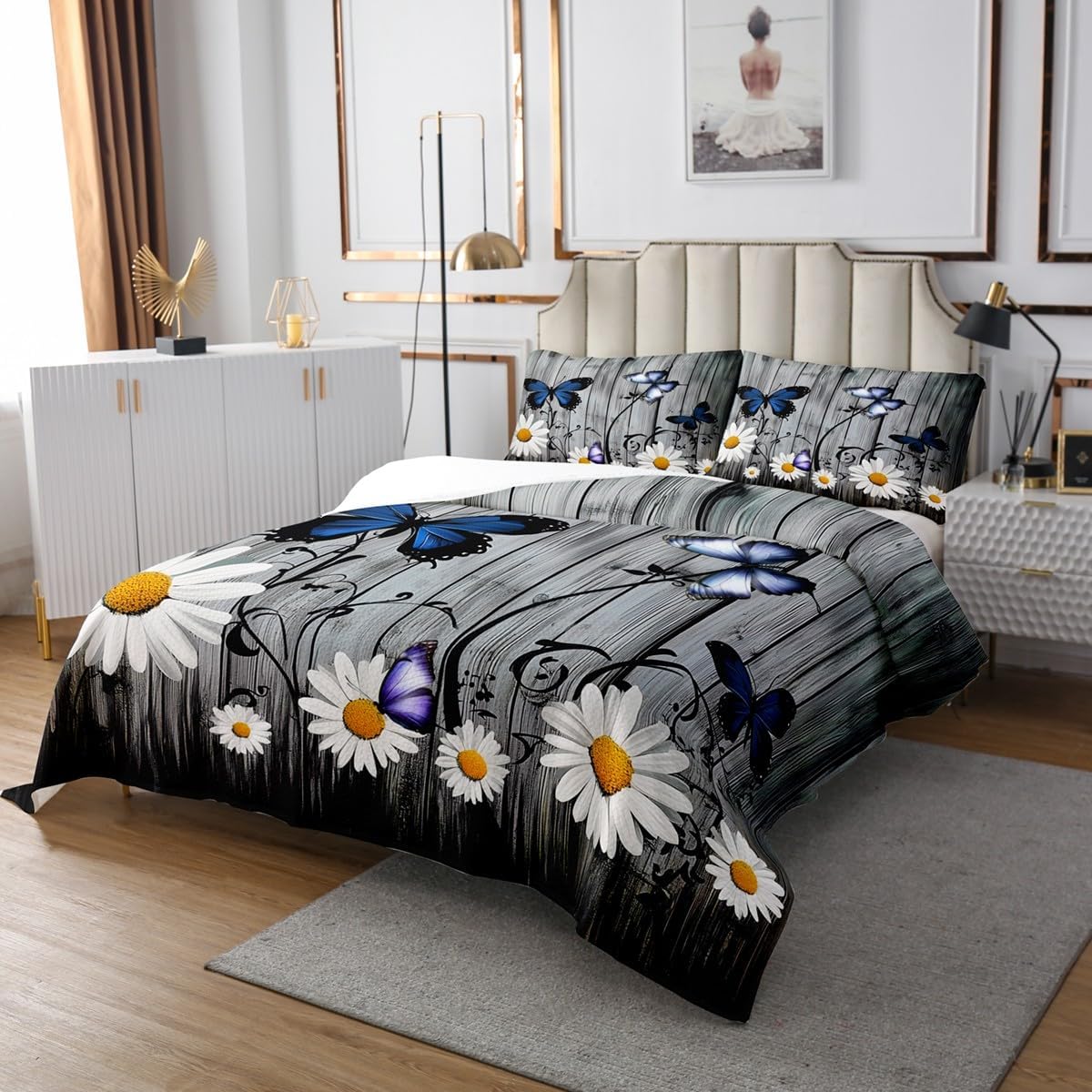 Erosebridal Daisy Bedspread, Rustic Flower Coverlet Set for Kids Boys Teens Adult, Butterfly Wood Bedspread Quilt Set Farmhouse Country Daisy Quilted 3Pcs with 2 Pillow Cases, Queen Size