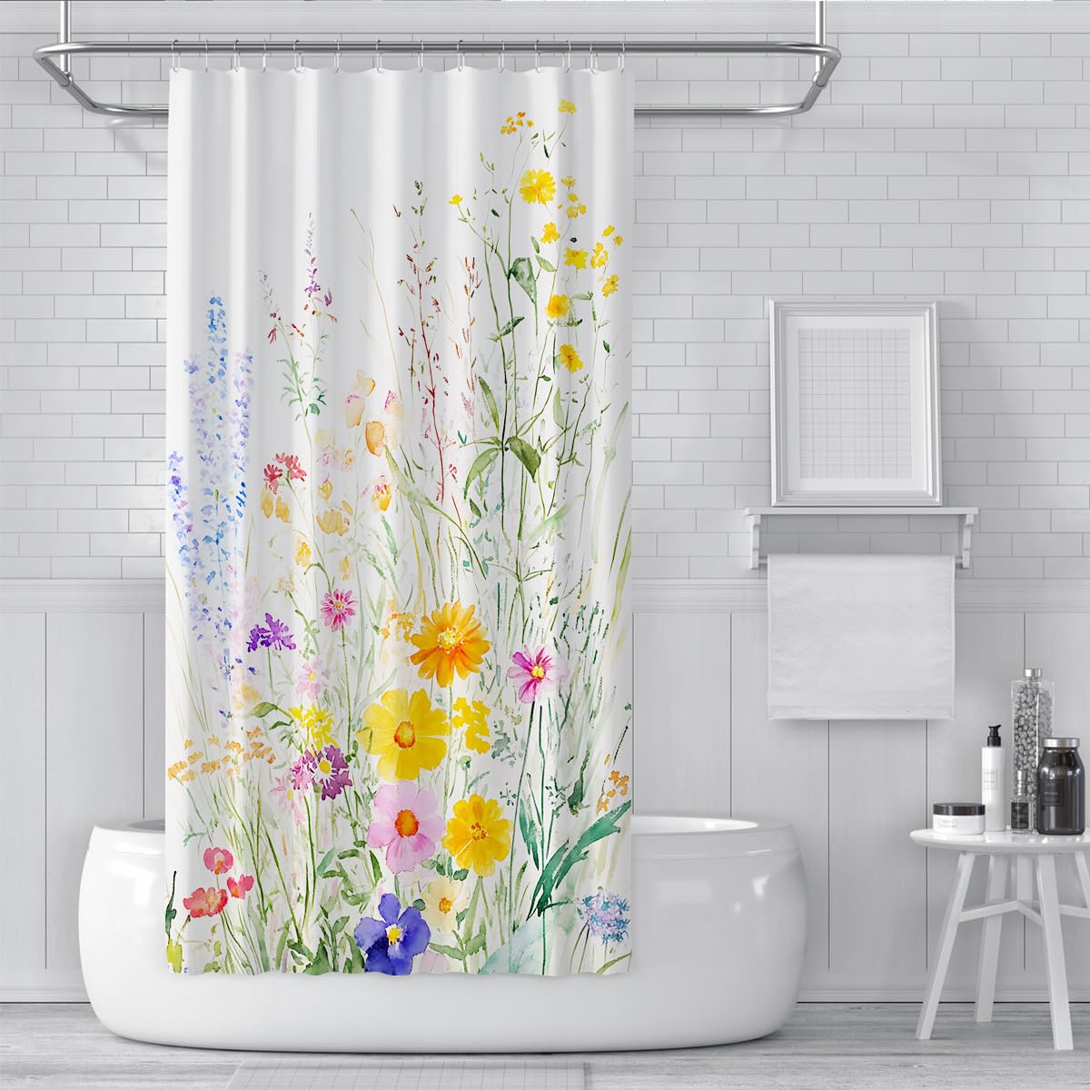 Rideau de Douche Floral printanier avec Crochets, décoration de Salle de Bain Jaune Pastel Rose Bleu et Fleurs Sauvages, Rideau de Baignoire bohème Moderne en Tissu Aquarelle W150xL200 cm
