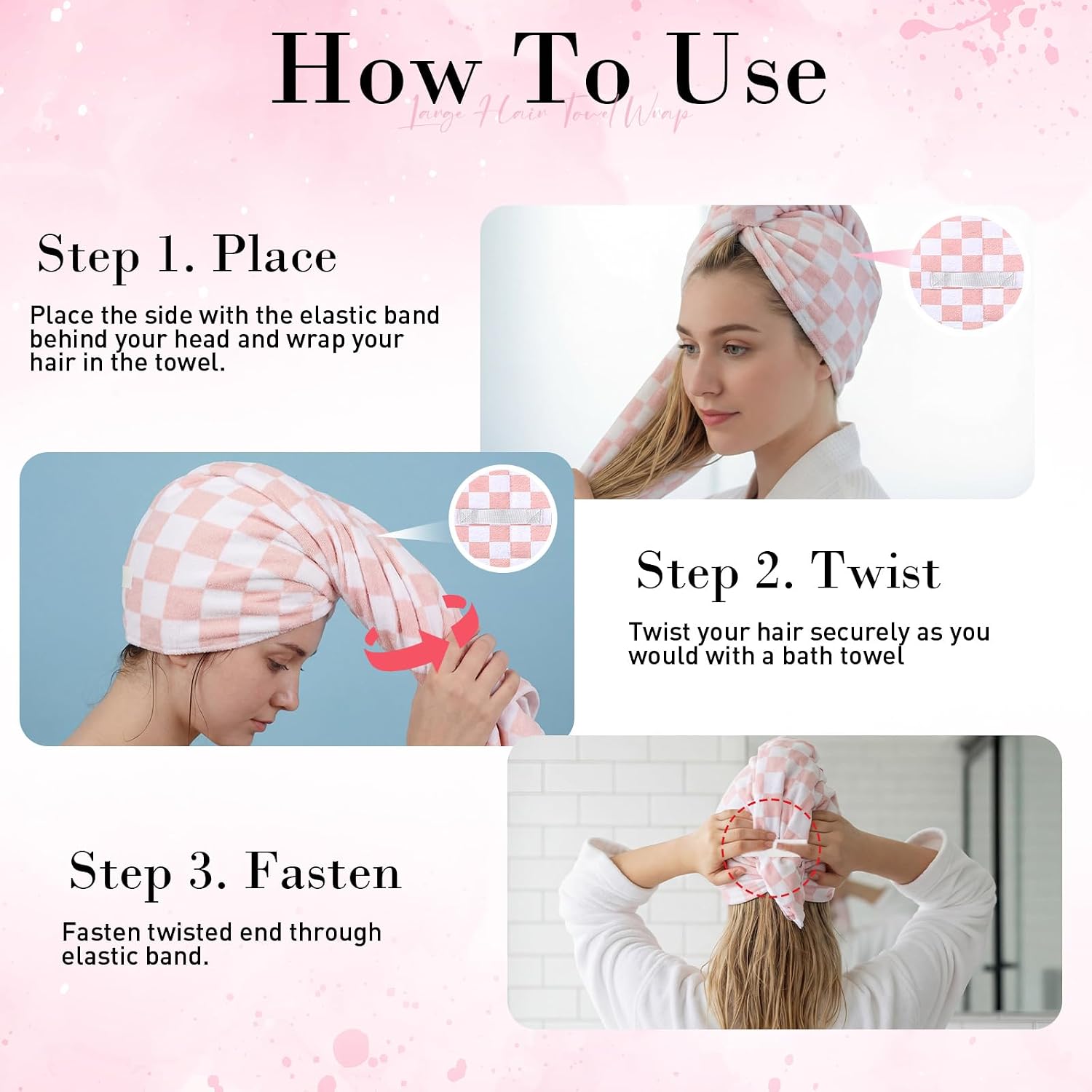 Hahafelt 2 Pack Large Microfiber Hair Towels, 23" x 40" Absorbent Quick Dry Microfiber Towel for Wet Curly Long Short Hair Women Gift for Weeding Home Recreation Beach Yoga (Checkered)