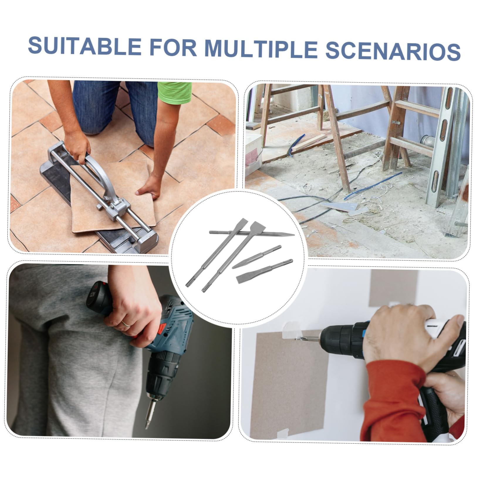 Gatuida Set di 5 Scalpelli per Martello Perforatore in Acciaio, per Pareti di Calcestruzzo, Posizionamento Preciso, Custodia