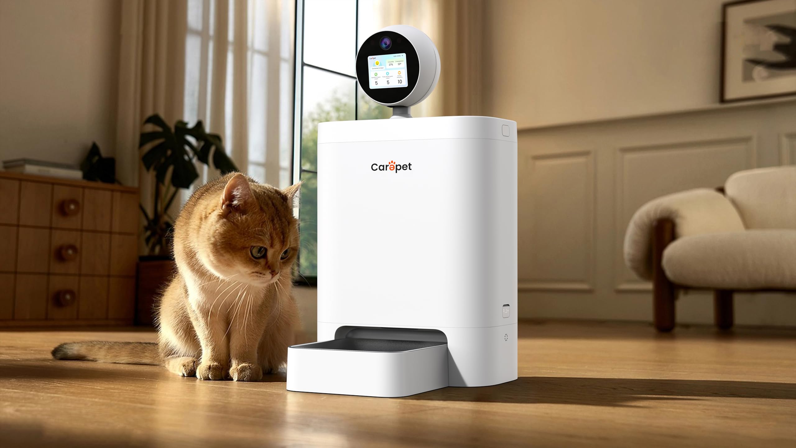 Carepet Distributore Cibo AI Pet Feeder PTC01 5,7L con Telecamera 2K QHD, WiFi 2.4G/5G, Visione Notturna, AI 360°, Registrazione Vocale, Anti-Inceppamento