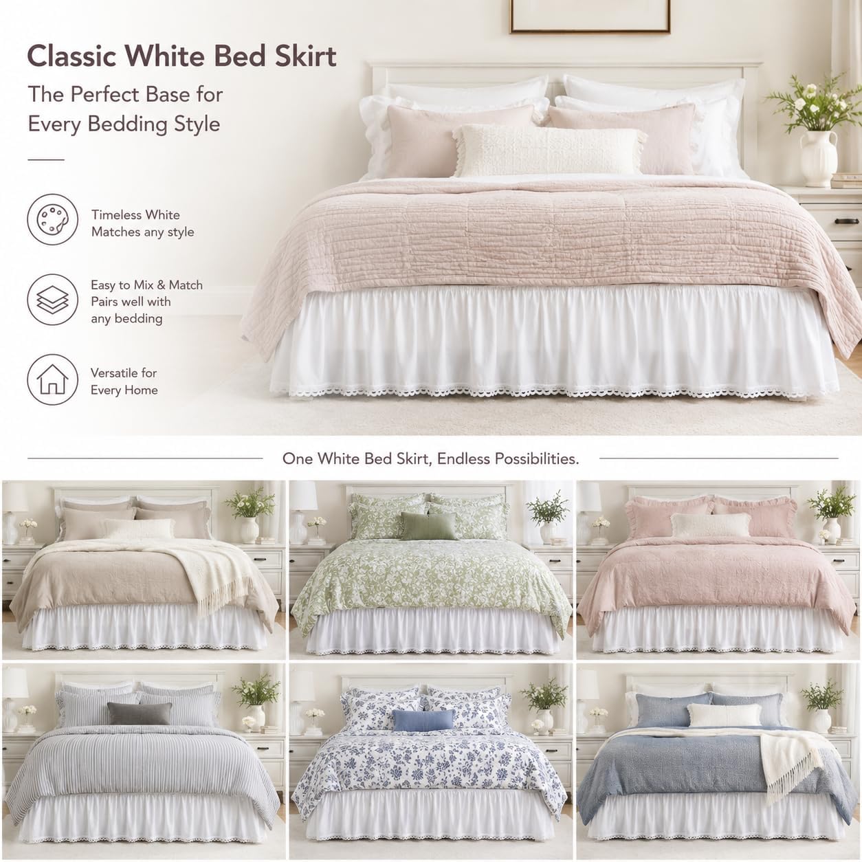100% Cotton Wrap Around Bed Skirt, Full Size, 18-Inch Drop, White | Lightweight cotton fabric with crochet lace trim and an elastic strap for quick, no-lift wrap-around installation.