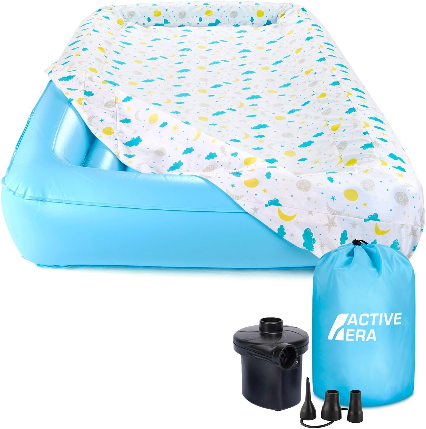 Active Era Kids Air Bed Travel Cot with 100% Cotton Mattress Cover, Electric Pump and Carry Bag