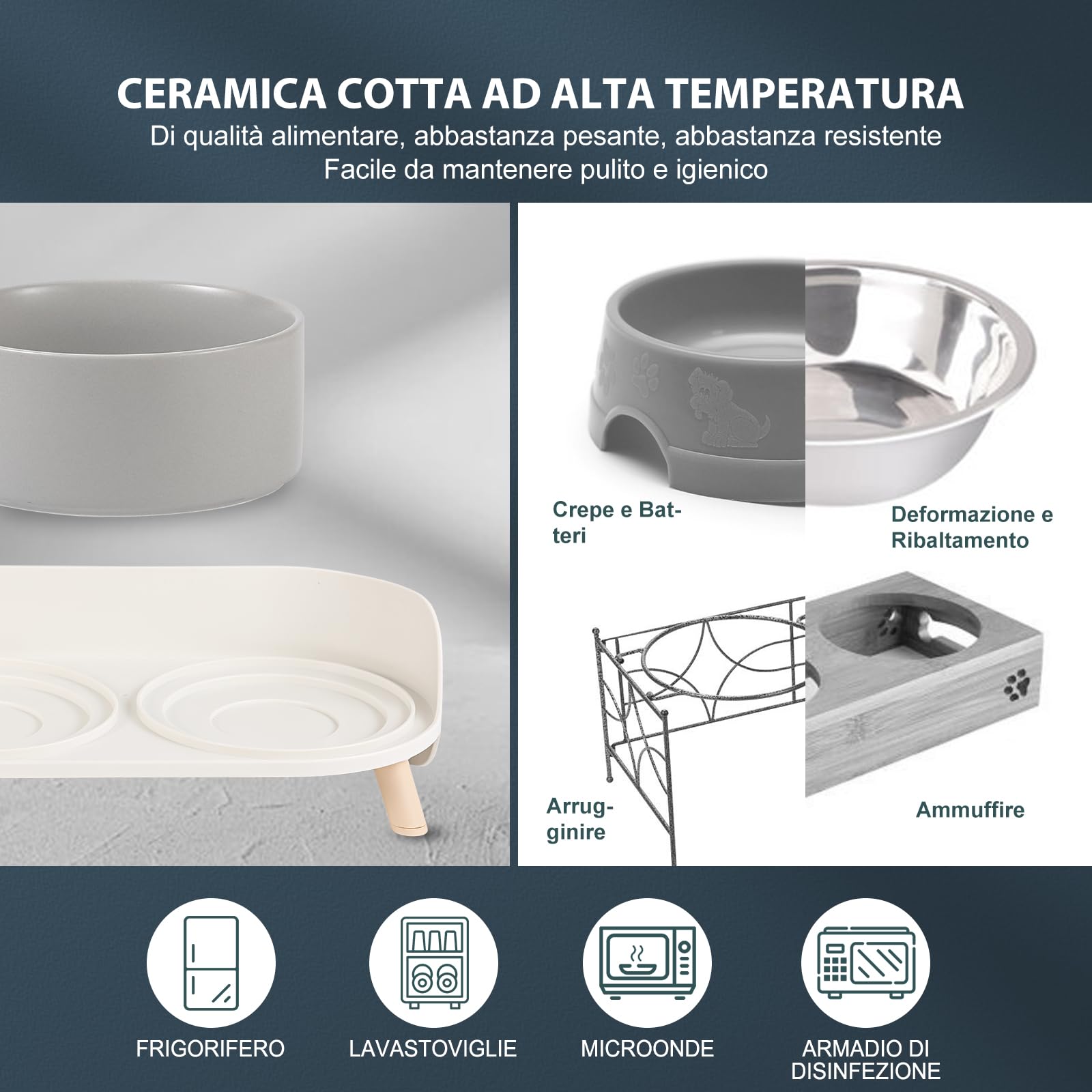Ciotole Rialzate per Cani in Ceramica - Set Doppio con Supporto Antischizzo e Base Antiscivolo - Ciotole per Cibo e Acqua per Cani Piccoli e Medi e Gatti Grandi - 2 x 720 ml - Grigio