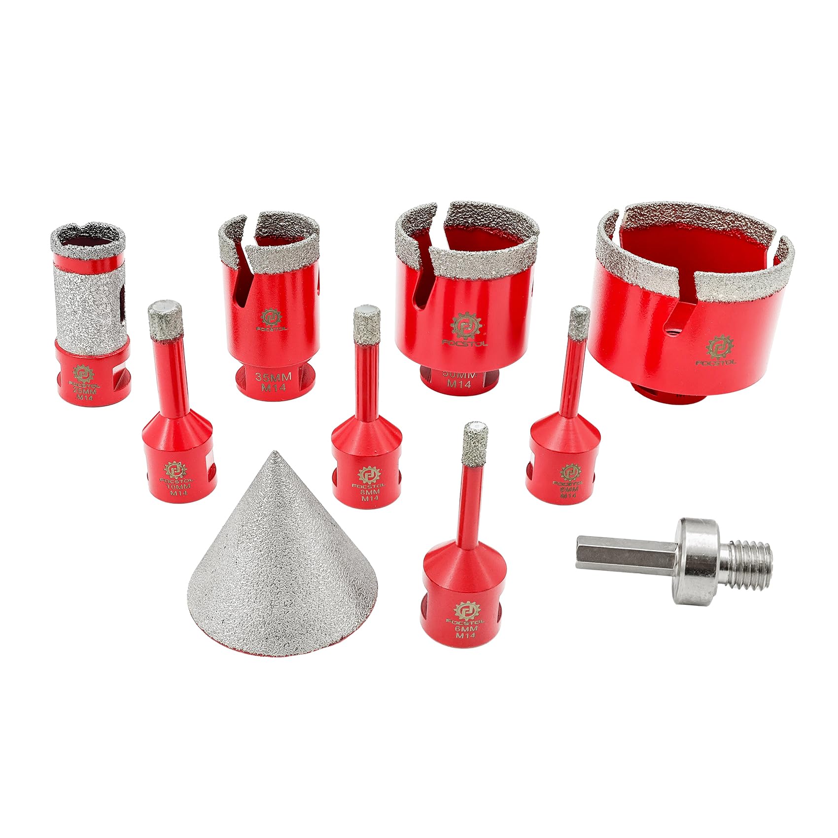 FOCSTOL Brocas diamantadas de gres porcelánico – Puntas de taladro diamantadas para azulejos de cerámica 10 piezas (6/6/8/10/35/50/68 mm + 50 mm brocas para biselar + 25 mm taladro fresa + adaptador)