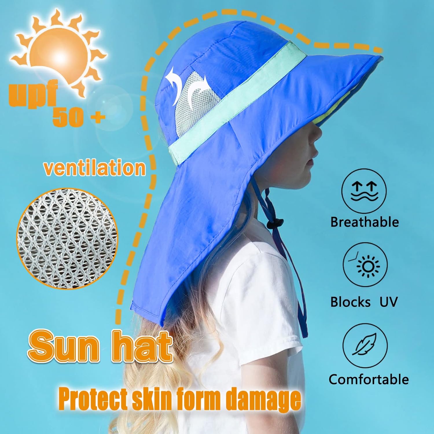 Kids Sun Hats UPF 50+ Sun Protection Hat for Kids with Neck Flap Adjustable Large Brim Beach Fishing Hat for Age 3-12 - Image 3