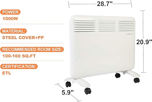 Miniatura 2 de Calentador de espacio, calentador convector eléctrico de 1000 W con ruedas independientemontado en la pared, panel calentador inteligente, pantalla