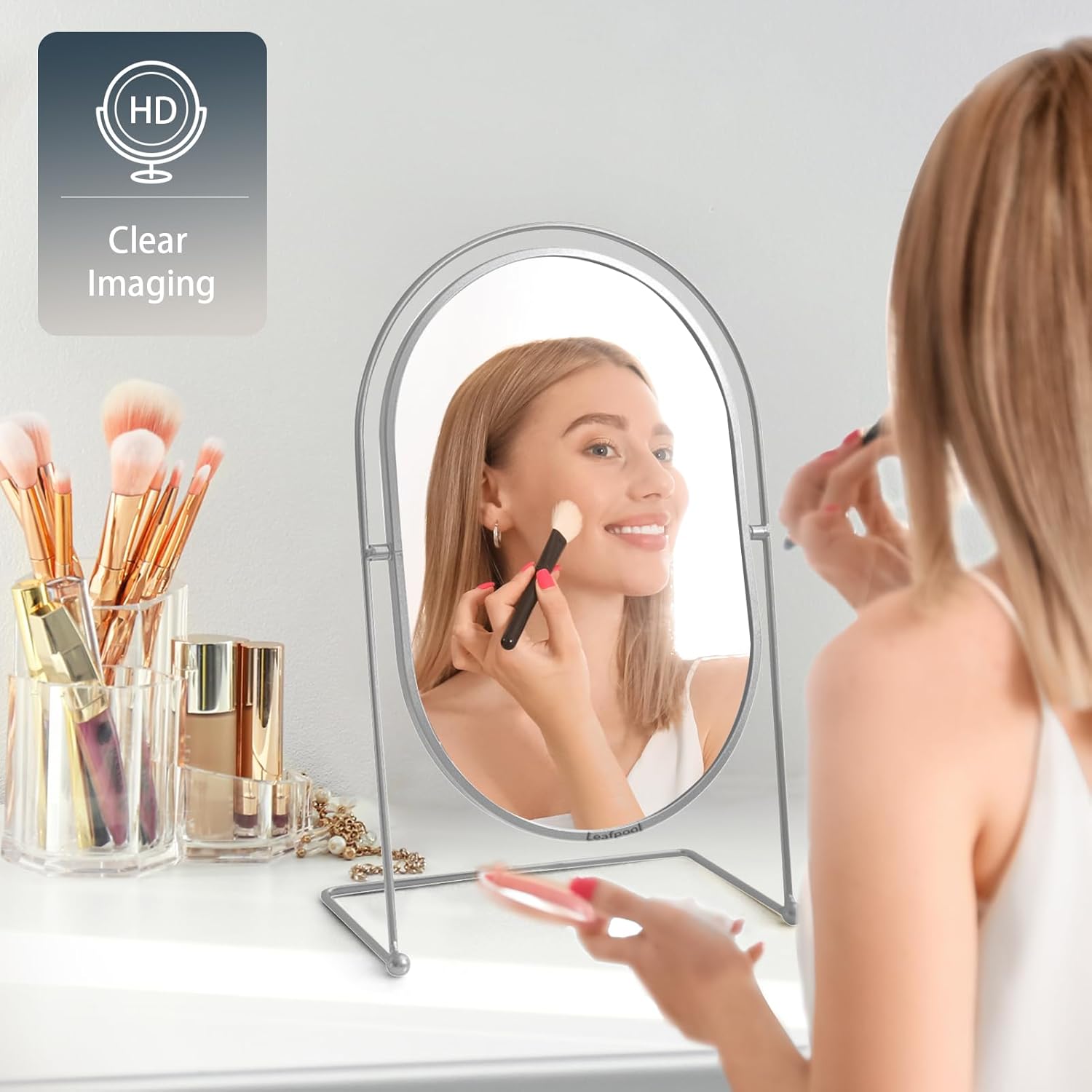 Tabletop Vanity Makeup Mirror, 360°Rotation Standing Desk Table Vanity Silver Make up Mirror for Bathroom or Bedroom