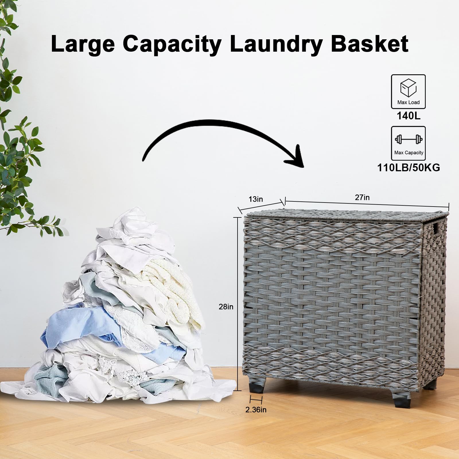 OIAHOMY Cesto portabiancheria con coperchio, 140 l, in rattan sintetico, con manici, cesto portabiancheria grande intrecciato a mano con 3 sacchetti rimovibili, pieghevole, per lavanderia, 68 x 33 x