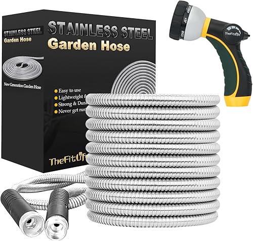 TheFitLife - Manguera de jardín de metal flexible, resistente a fugas y desgarres, de acero inoxidable, con accesorios sólidos y boquilla rociadora,