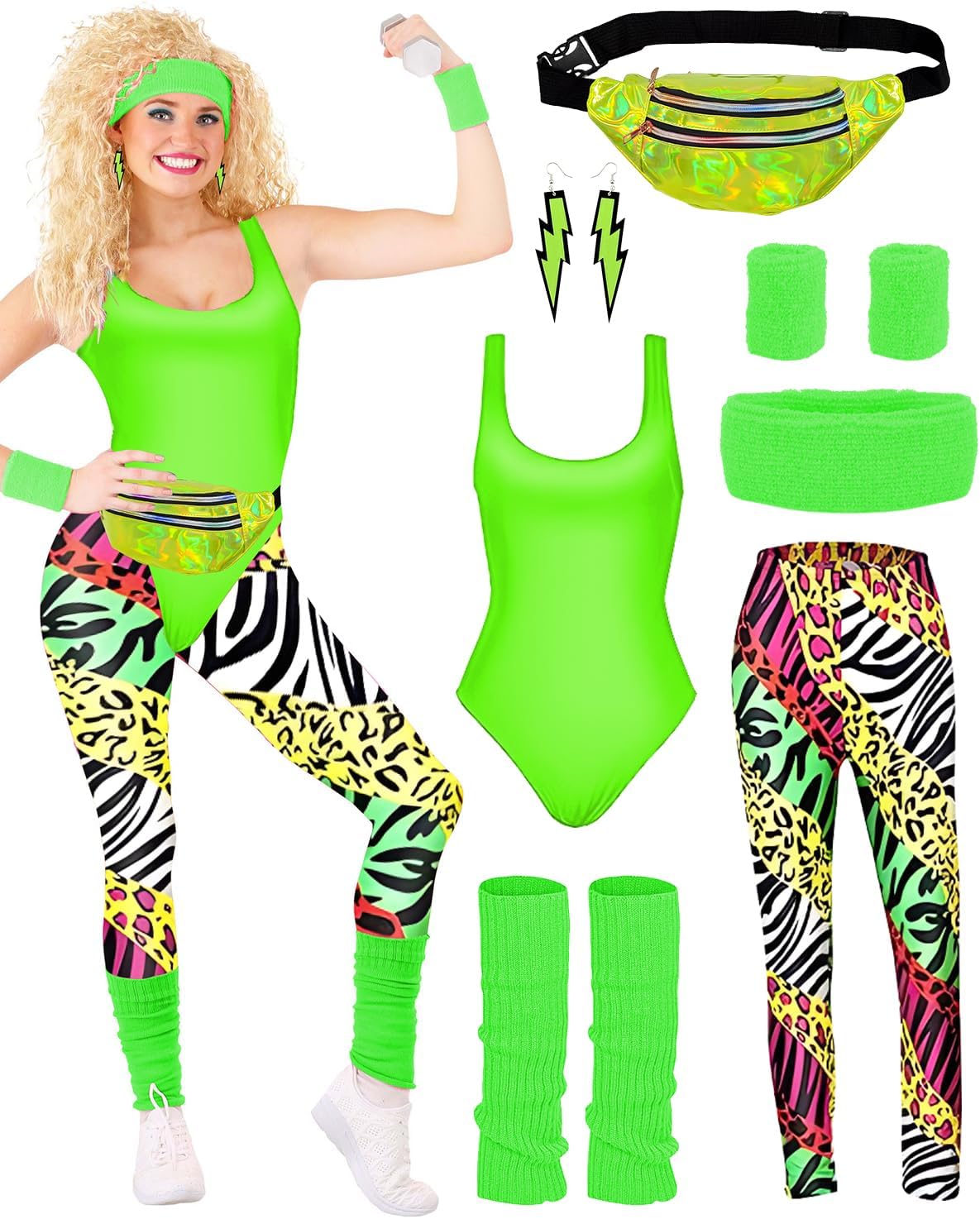 80s Costume Outfits Accessories Set for Girls, 80s Fancy Dress For Women, 1980s Fancy Dress Party Kits with Headband Earring Leg Warmers Headband for 1980 Retro Parties Hen Do Parties Ladies