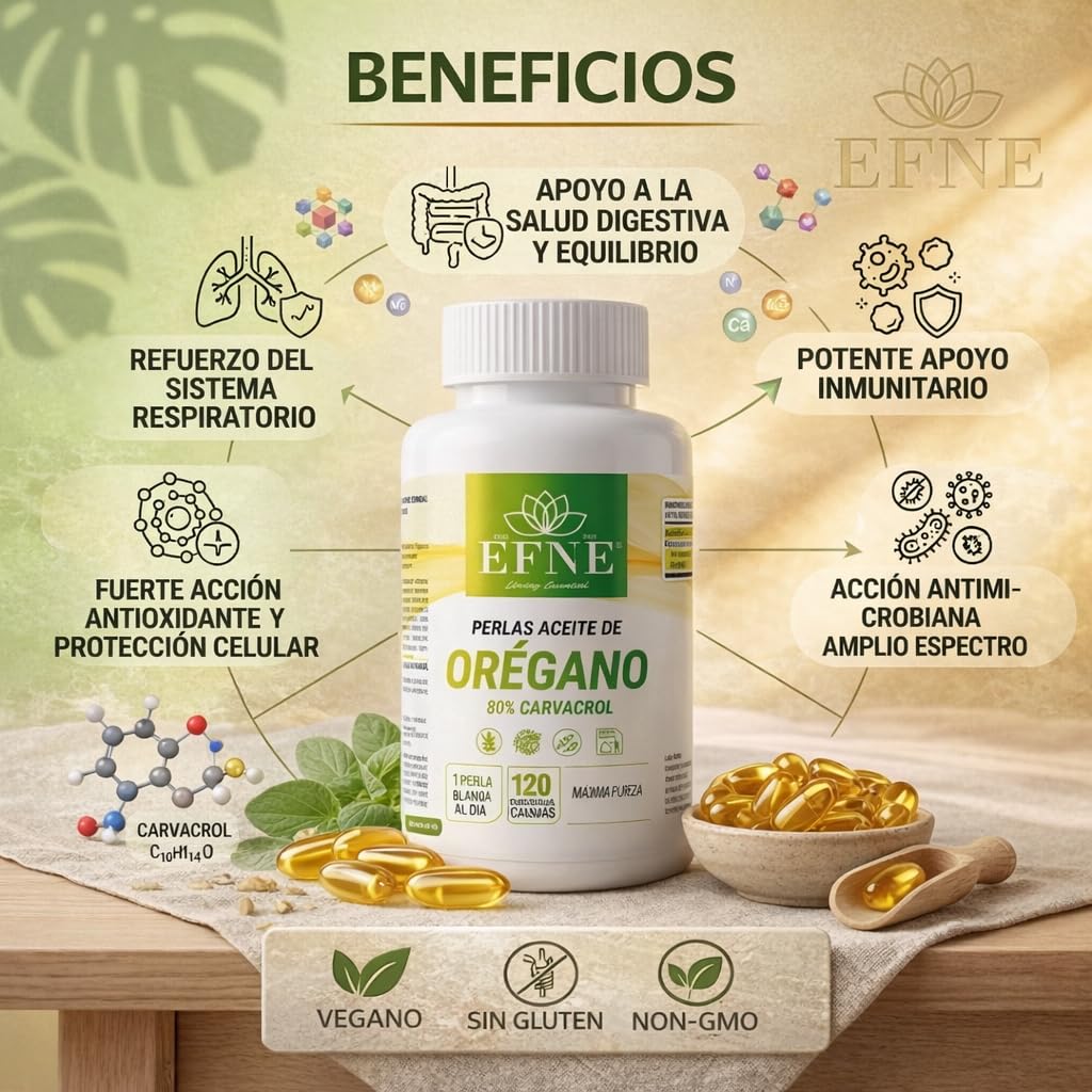EFNE – Aceite de Orégano Premium 80% Carvacrol + 3% Timol en Perlas (120 perlas) – Con Aceite de Oliva Virgen Extra - 4 Meses suministro - 650mg por capsula en total