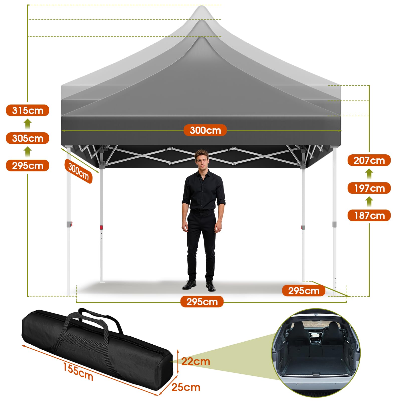 JUMMICO Faltpavillon 3x3 mit Hoher Spitze, um 60% Verbesserte Regenschutzleistung. UV 50+, Pavillon 3x3 Wasserdicht Stabil Winterfest, Shelter mit seitenwänden, für Garten und Camping, Dunkelgrau