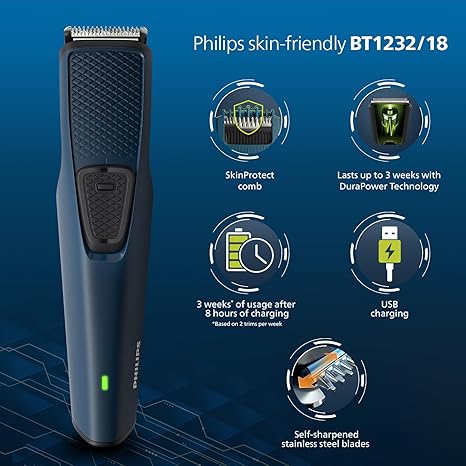 Philips Beard Trimmer for Men | India's No.1 Trimmer | DuraPower Technology | Lasts 4x Longer | Close Trim with Skin Protect Comb | Self Sharpening Blades | Durable | Cordless | Charging Indicator | Travel Lock | No Oil Needed | 2 Year Warranty | BT1232/18,Blue - Image 2
