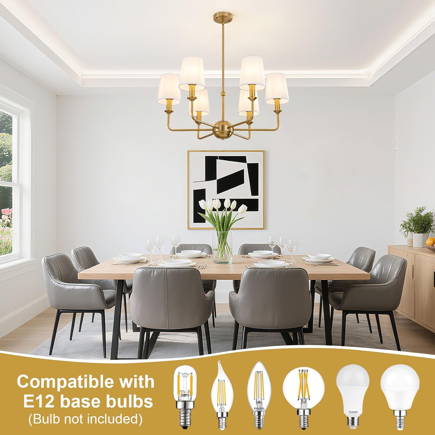 Brushed Gold Chandelier 6-Light Modern Chandeliers with White Fabric Shade Brass Farmhouse Chandelier for Dining Room Kitchen Island Living Room Bedroom Entryway