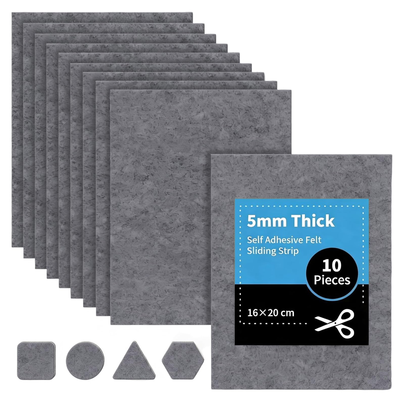 Filzgleiter Selbstklebend, 10 Stück 16 x 20cm - 5mm, Filzgleiter für Stühle, Filzmatten zum Zuschneiden, Filz Selbstklebend, Hochwertigem Nadelfilz für Möbelgleiter Stuhlgleiter (Dunkelgrau‌)