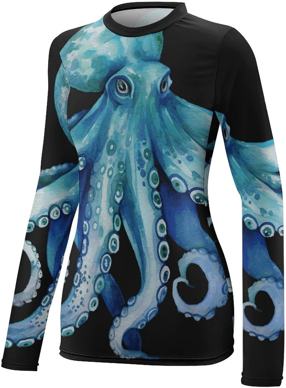 Women's Long Sleeve Shirts UPF 50+ Blue Watercolor Octopus Sun Shirt for Running Rash Guard Summer Ice Silk Tee
