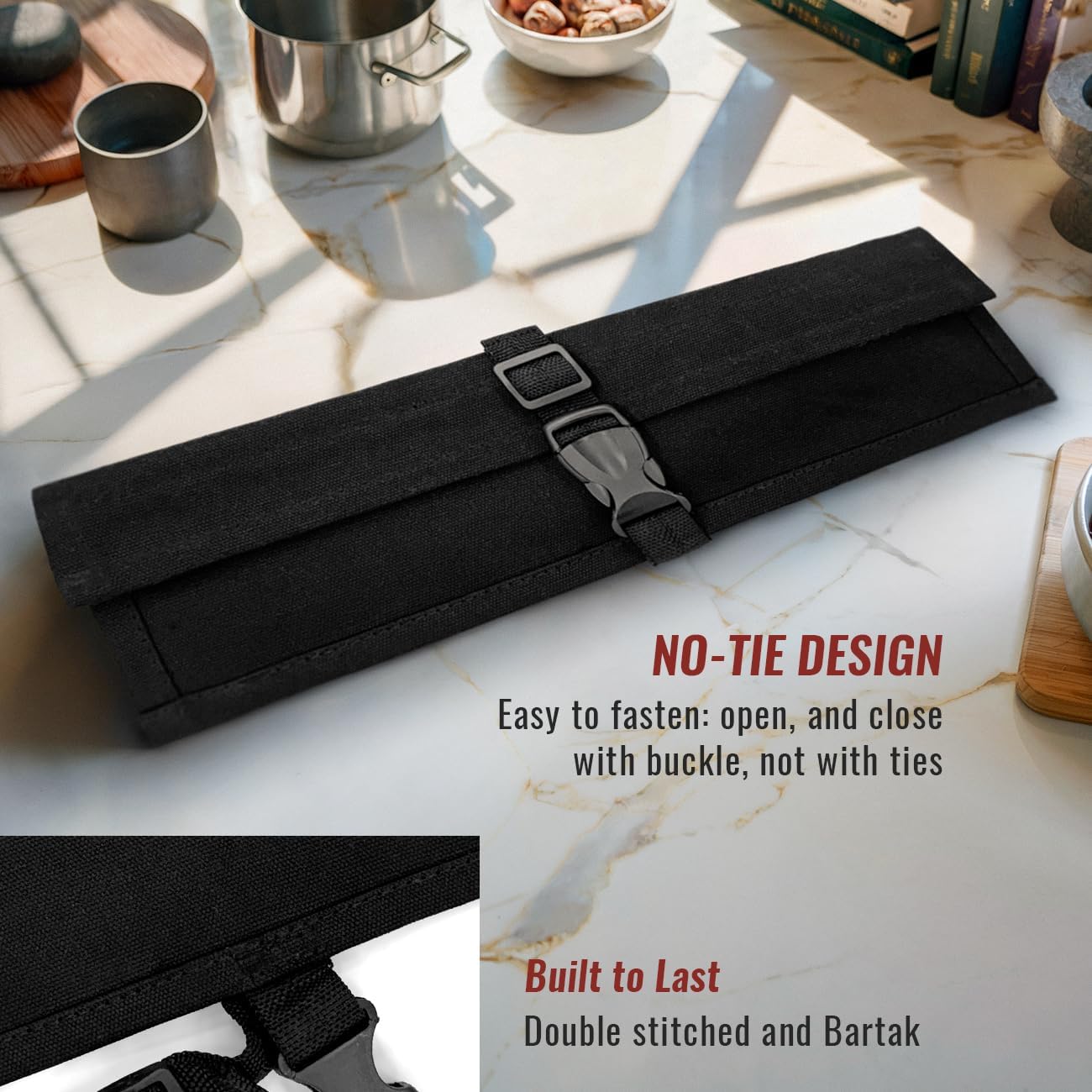 Under NY Sky Knife Roll Case - 1 Slot - Heavy Duty Waxed Canvas Pouch - Leather Reinforced - Portable Bag for Cooking Tools, Utensils, Cutlery Knives, Brushes - Chefs, Kitchen, Travel, Gift - BlackCV