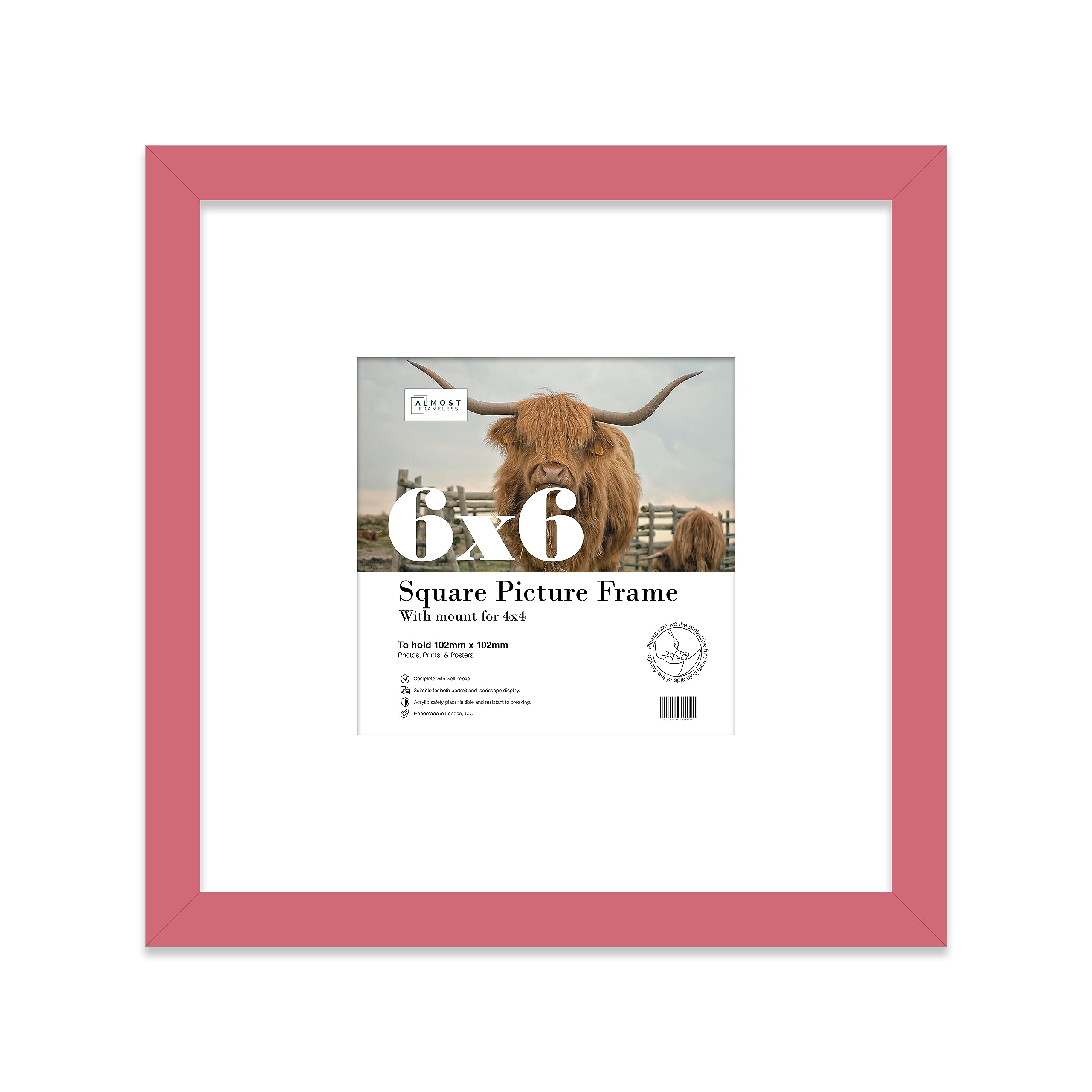 6x6 Pink Picture Frame with Mount for 4x4 Photos, Prints - Modern Square Wall Frame, 1 Pack