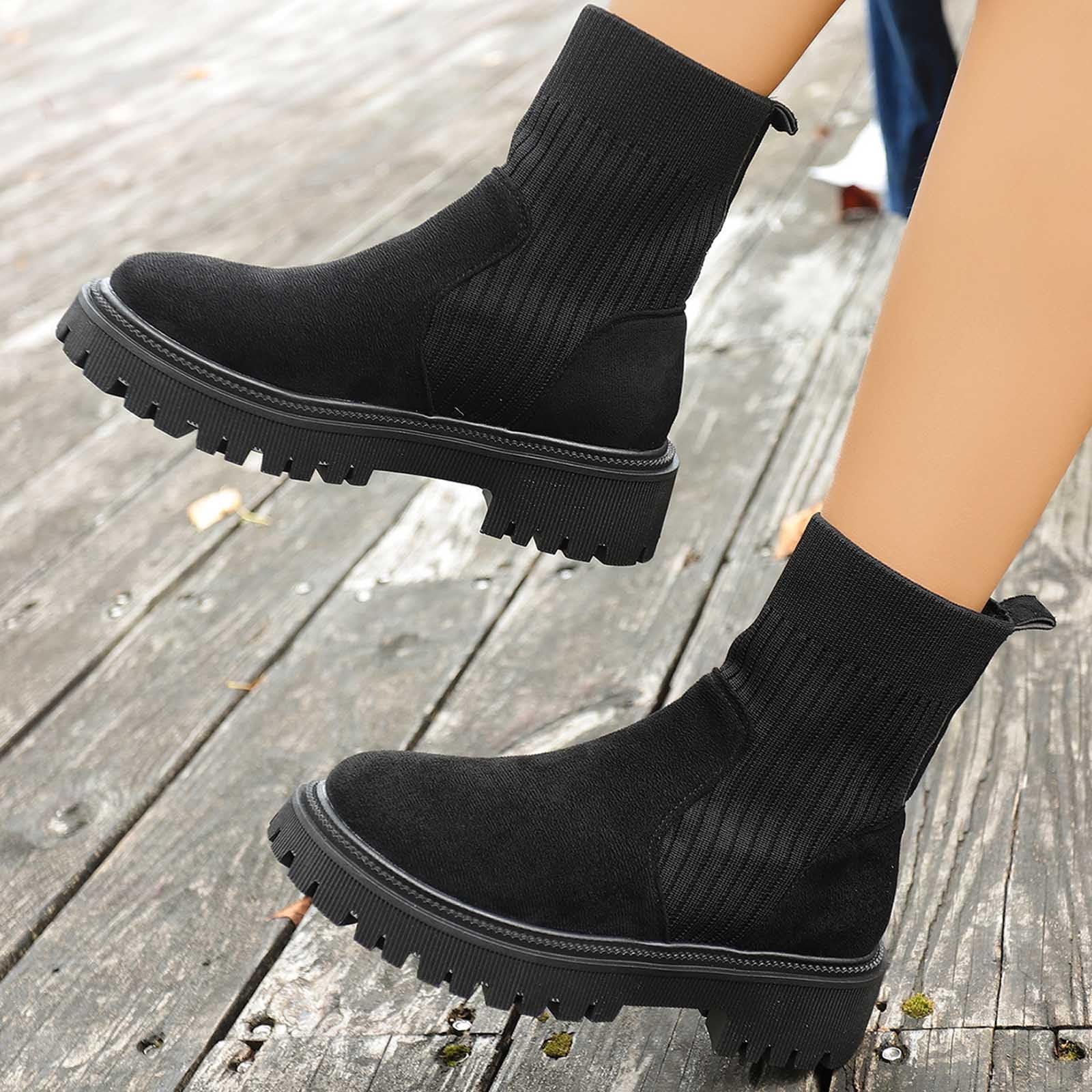 Bottines tendance pour femme - En daim - Couleur unie - Légèrement doublées avec talon bloc - Tige courte - En tricot