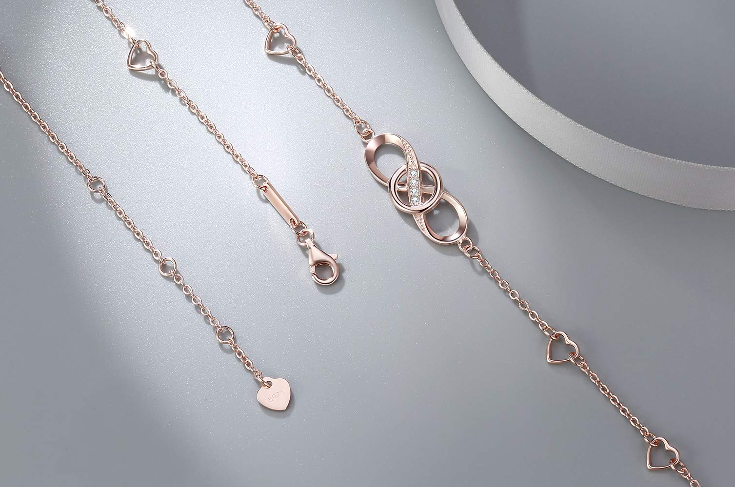 OneSight Infinity Tobillera para Mujer, Plata de Ley 925, Tobillera Ajustable, Pulsera Grande (Chapado en Oro Blanco y Plata)