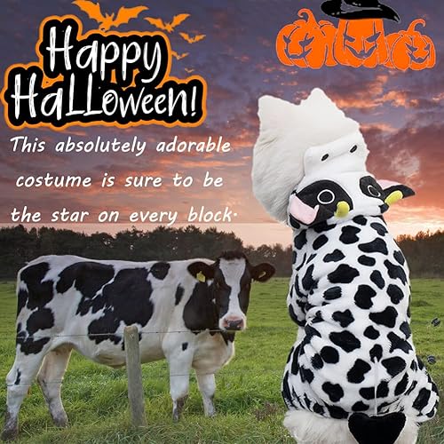Dog Cow Costume – Funny Halloween Dog Farm Animal Costume Cow Cosplay Outfits, Winter Warm Milk Pajamas for Small Medium Dogs, Adorable 4 Legs Velvet Farm Costumes Hoodie Coat Pajama, Medium(XS: Chest 12"- Length 8"- Weight 2-3 lbs)