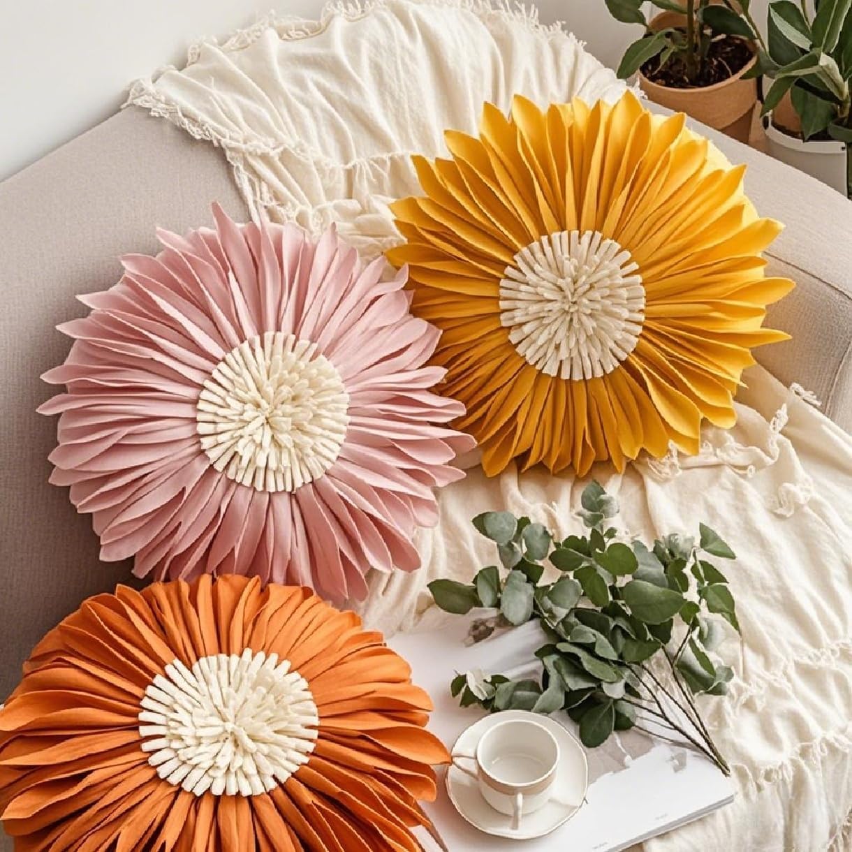 WAIUYIA Flower Shaped Throw Pillow, Soft Round Flower Cushion, Handmade Decorative Plush Petal Pillow for Bed Sofa Car Couch (Yellow,17.7 inch)