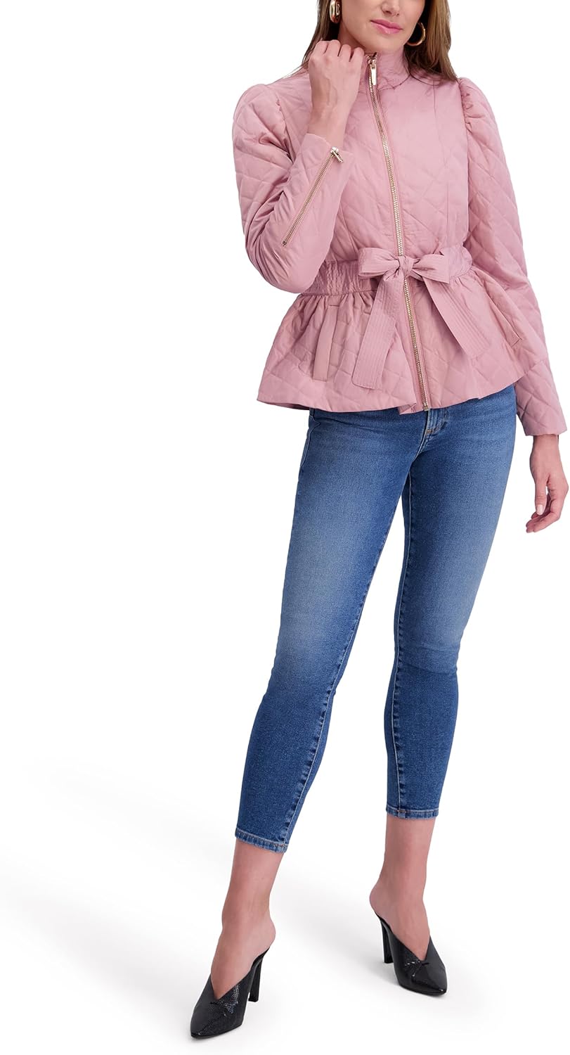 kensie Women's Outerwear Short Quilted Puffer Jacket With Puff Sleeves & Tie Belt