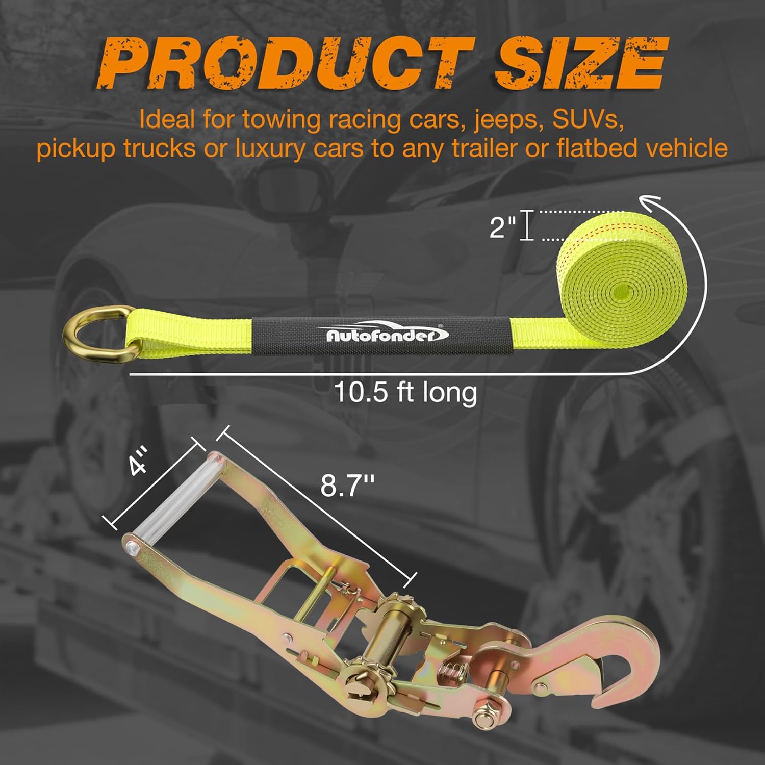 Tire Tie Down Straps with Snap Hook-10,000lbs Break Strength-2" x 10ft Heavy Duty Wheel Straps for Car,Trailer, SUV-4 Pack Side by Side Tie Downs with Storage Bag - Image 3