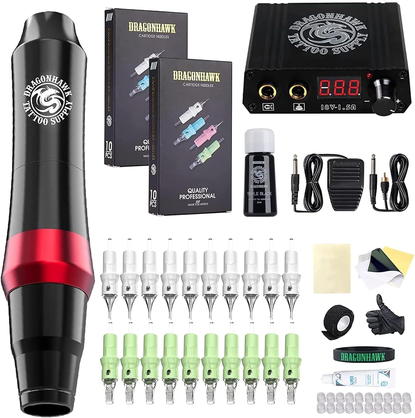 Dragonhawk S4 Tattoo Pen Kit, Complete Tattoo Machine Gun Kit, Slim Tattoo Pen with Cartridges Needles by Dragonhawklabs, Tattoo Power Supply & Black Tattoo Ink - General Tattoo Kit