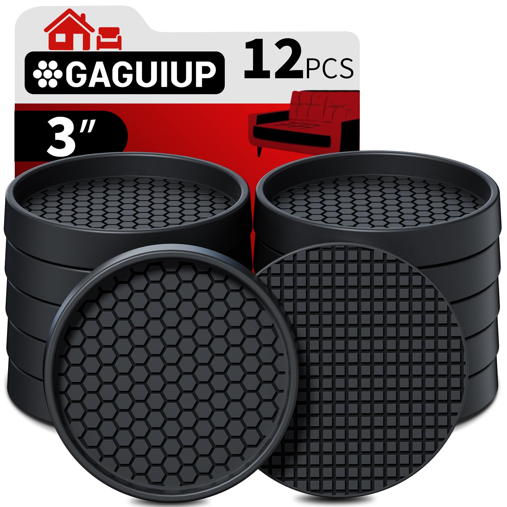 Photo 1 of Non Slip Furniture Pads- 3"x3" Round Anti Skid Caster Cups Furniture Coasters, Anti-Sliding Grippers Floor Protectors for Furniture Bed, Couch, Chair Leg, Black(Set of 12)