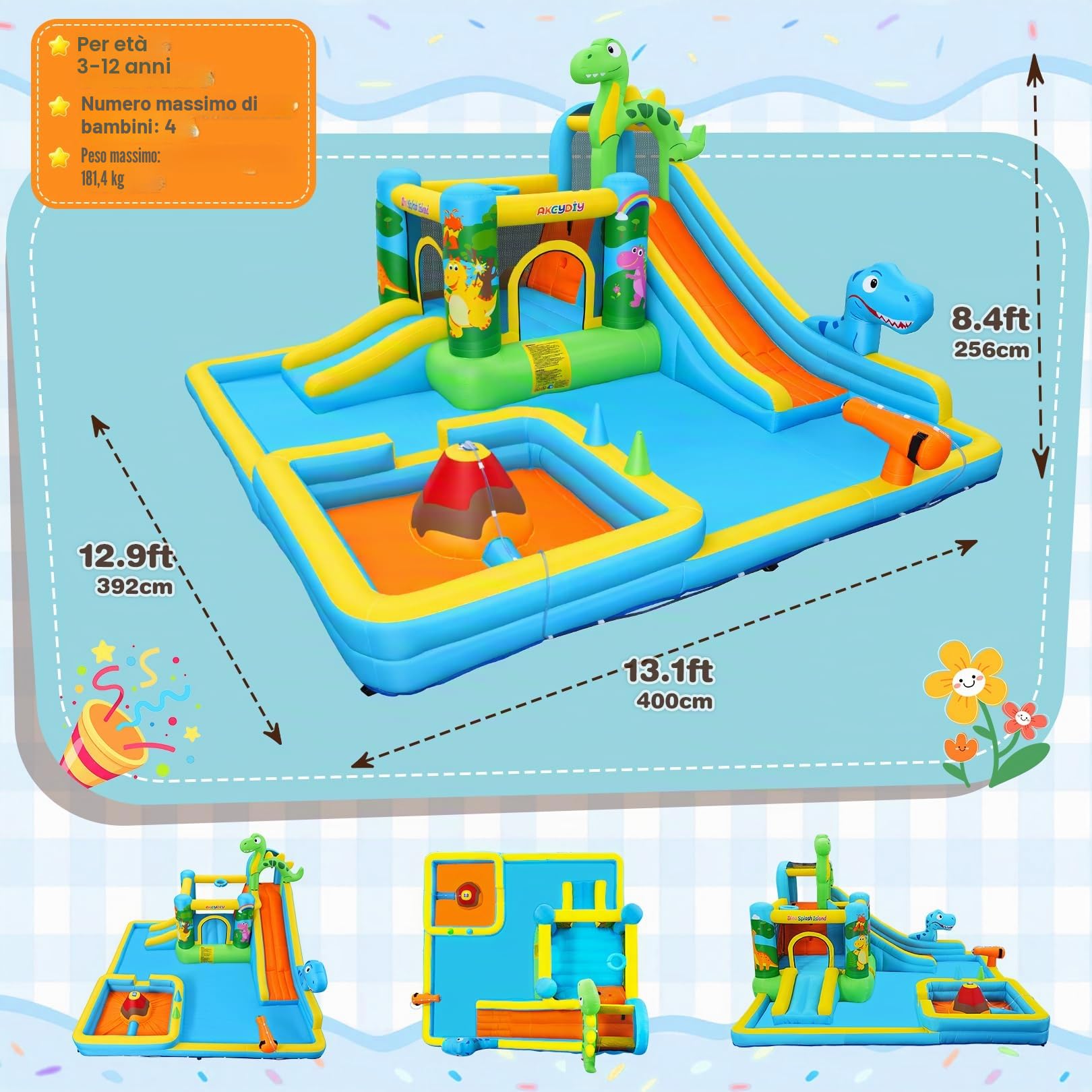 Gonfiabile acquascivolo castello gonfiabile con ventilatore per bambini 3+ anni, scivolo asciutto/acqua, parco acquatico dinosauro con 2 scivoli, piscina per bambini e piscina, cestino da basket