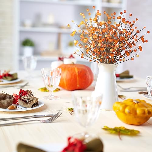 Miniatura 3 de 5 piezas de flores artificiales, tallos de bayas y Acción de Gracias, decoración de otoño con ramas de calabaza naranja en forma de corazón para