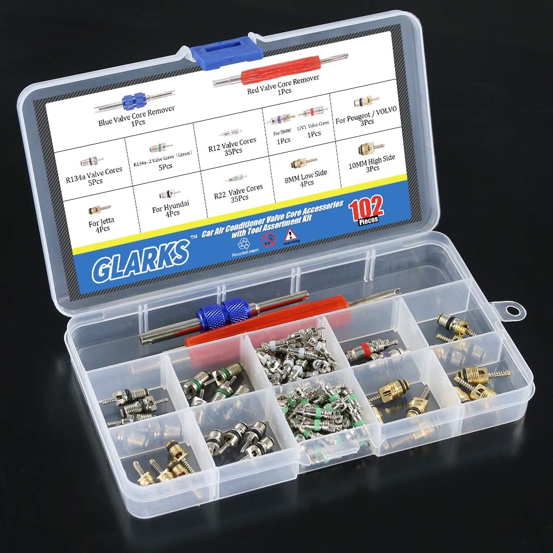 GLARKS 102Pcs Car Air Conditioner Valve Core Schrader Valve Cores Accessories A/C R12 R134a Refrigeration Tire Valve Stem with Double Head Dual Dismantling Remover Installer Tool Assortment Kit