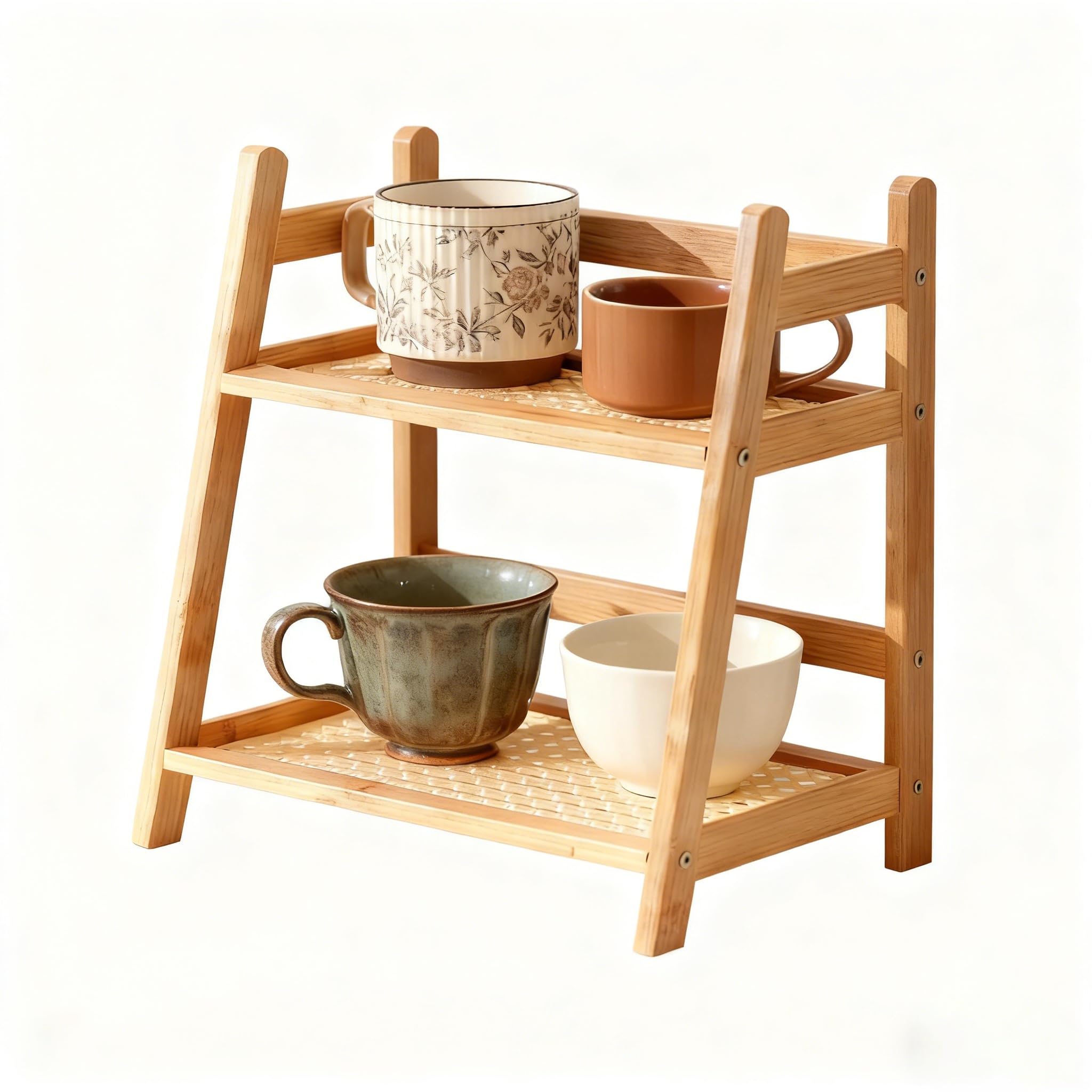 Wicker-Look 2-poziomowy stojak do przechowywania herbaty i kawy – stylowe kuchenne półki na szafki z naturalnego drewna, 26,5 x 18 x 28,5 cm, oszczędność miejsca, do domu i kawiarni