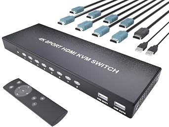 8 Port HDMI KVM Switch 4K@60Hz, 8 Computers 1 Monitor HDMI Switcher with 3 USB 2.0 Ports, Supports Keyboard Mouse Printer Sharing, Remote Control and 8 Dedicated KVM Cables Included