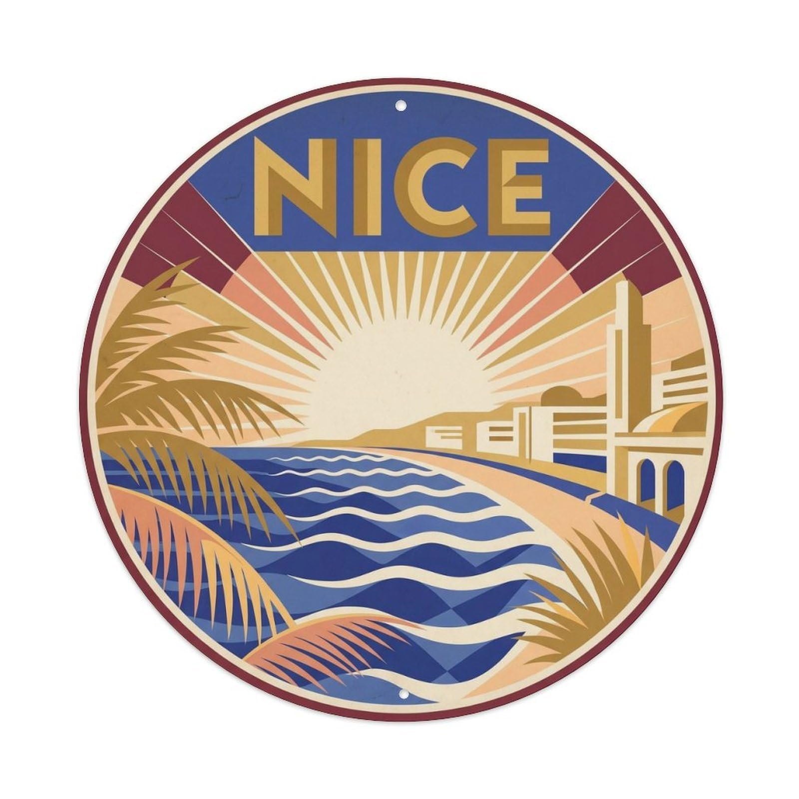 Mediterranean Nice France Deco Style Coast Sunburst Travel Metal Tin Sign Plaque Wall Decor for Cafe, Man Cave, Club Bar, Office, Home Garden Round Metal Poster 8x8Inch