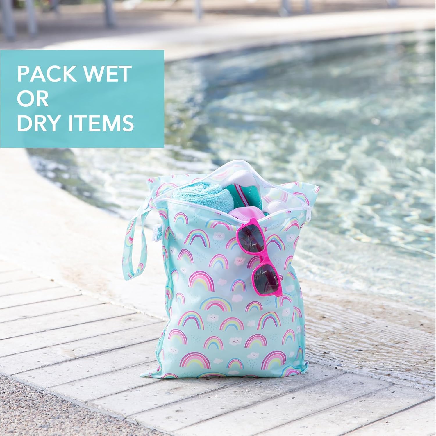 Bumkins - Waterproof Wet and Wetdry Bags - For Beach, Baby, Travel, Swim Suit, Cloth Diapers, Pump Parts, Pool, Gym, Toiletries - Reusable & Easy to Clean - Rainbows Blue - 2 Pack