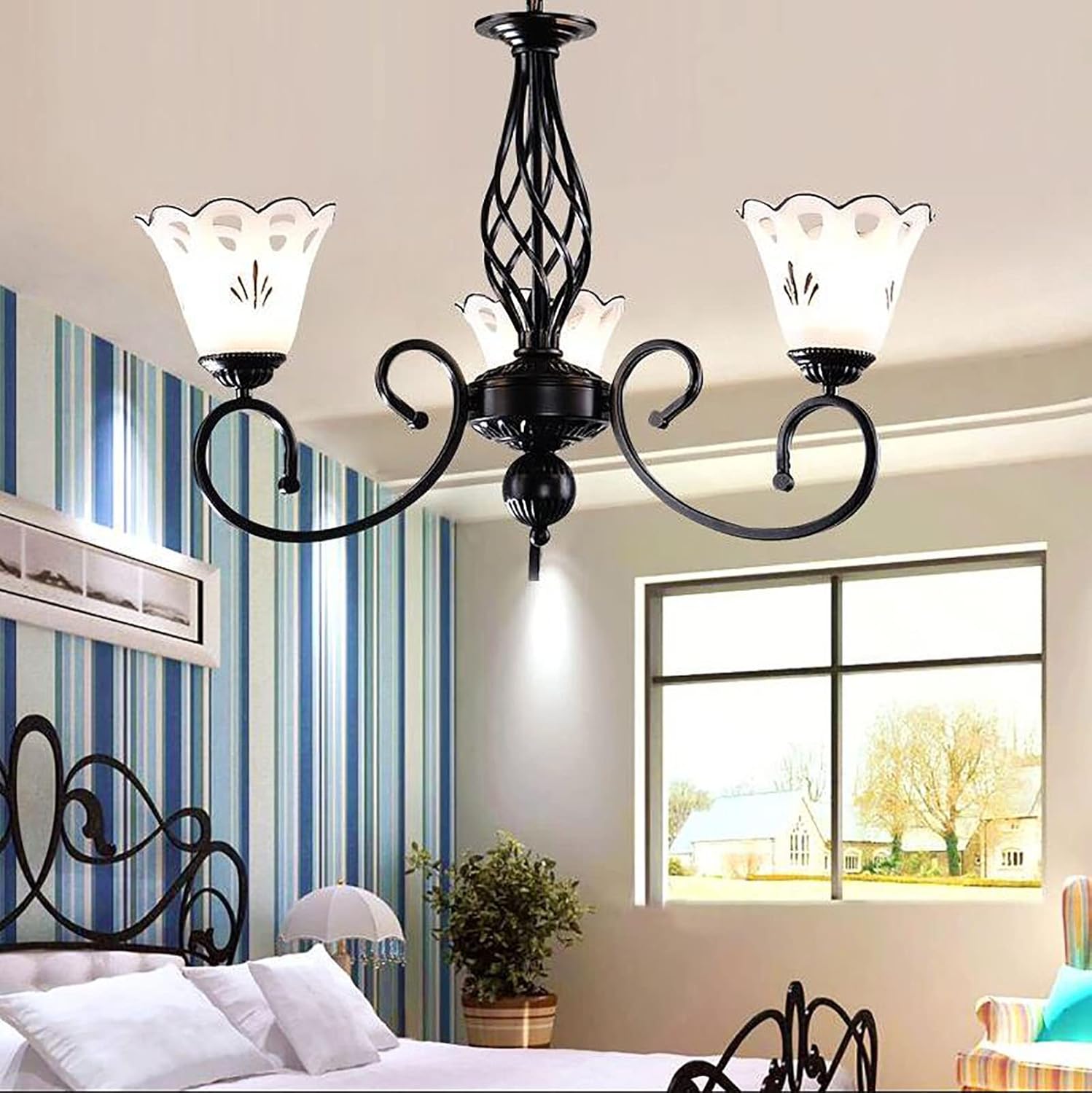 YUEGOO Chandeliers,Pastoral Style Chandelier Creative Iron Light Flower-Shaped Glass Lampshade Ceiling Lamps for Living Room Bedroom Dining Room Art Lamps Lighting/Black/58 * 43Cm