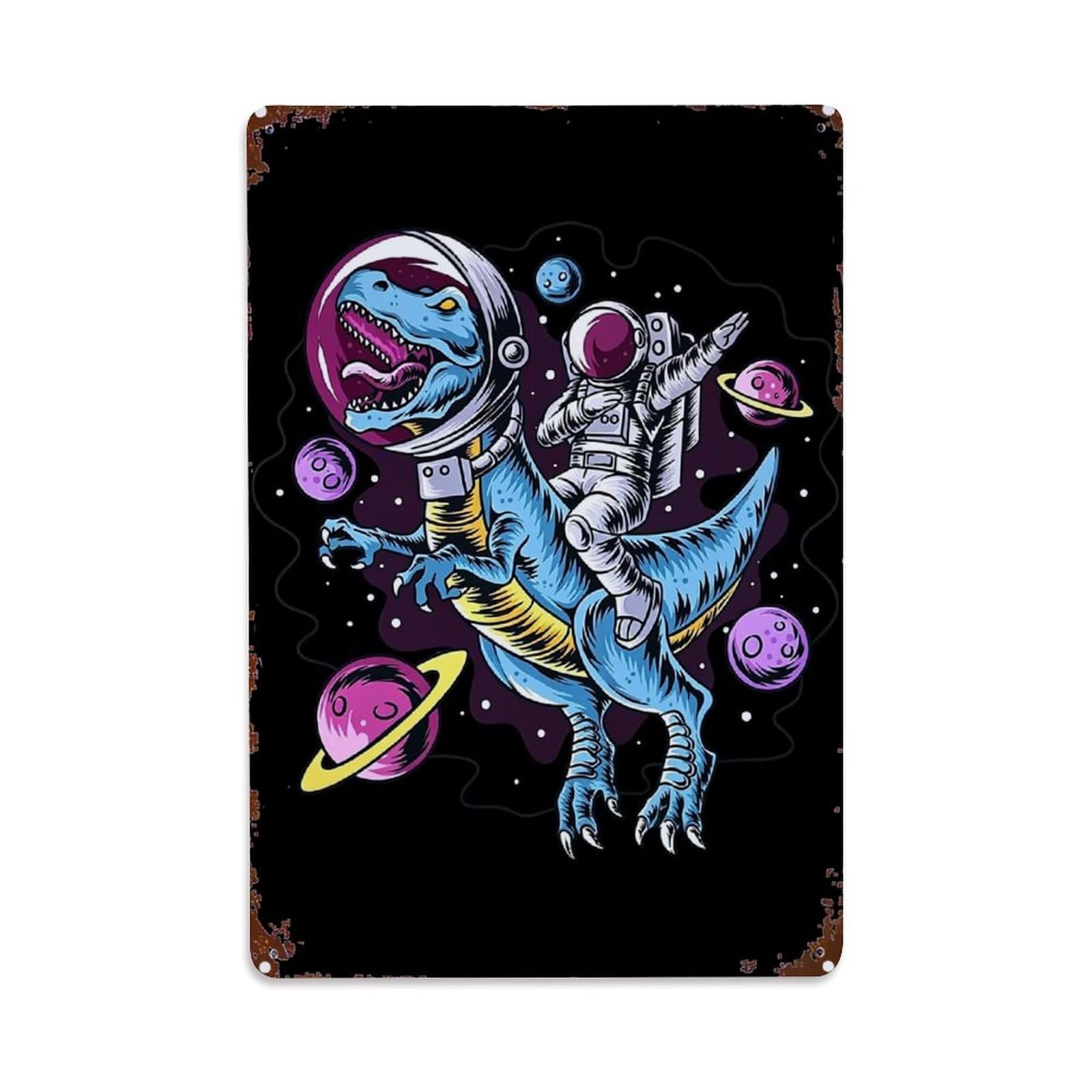Bliveurn Vintage Astronaut Riding Dinosaur In Space Retro Metal Tin Sign, Metal Poster For Home, Gaming Room, Studio Workshop,Bar,Garage Wall Art Decor 8X12 Inch