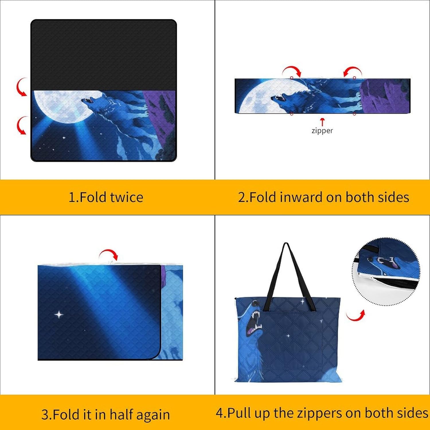 Blue Wolf Moon Picnic Blanket 200x200cm, Foldable 2-in-1 Picnic Mat and Tote Bag Portable Waterproof Beach Mat Sandproof Outdoor Blanket for Park, Hiking, Beach, Camping, Travel